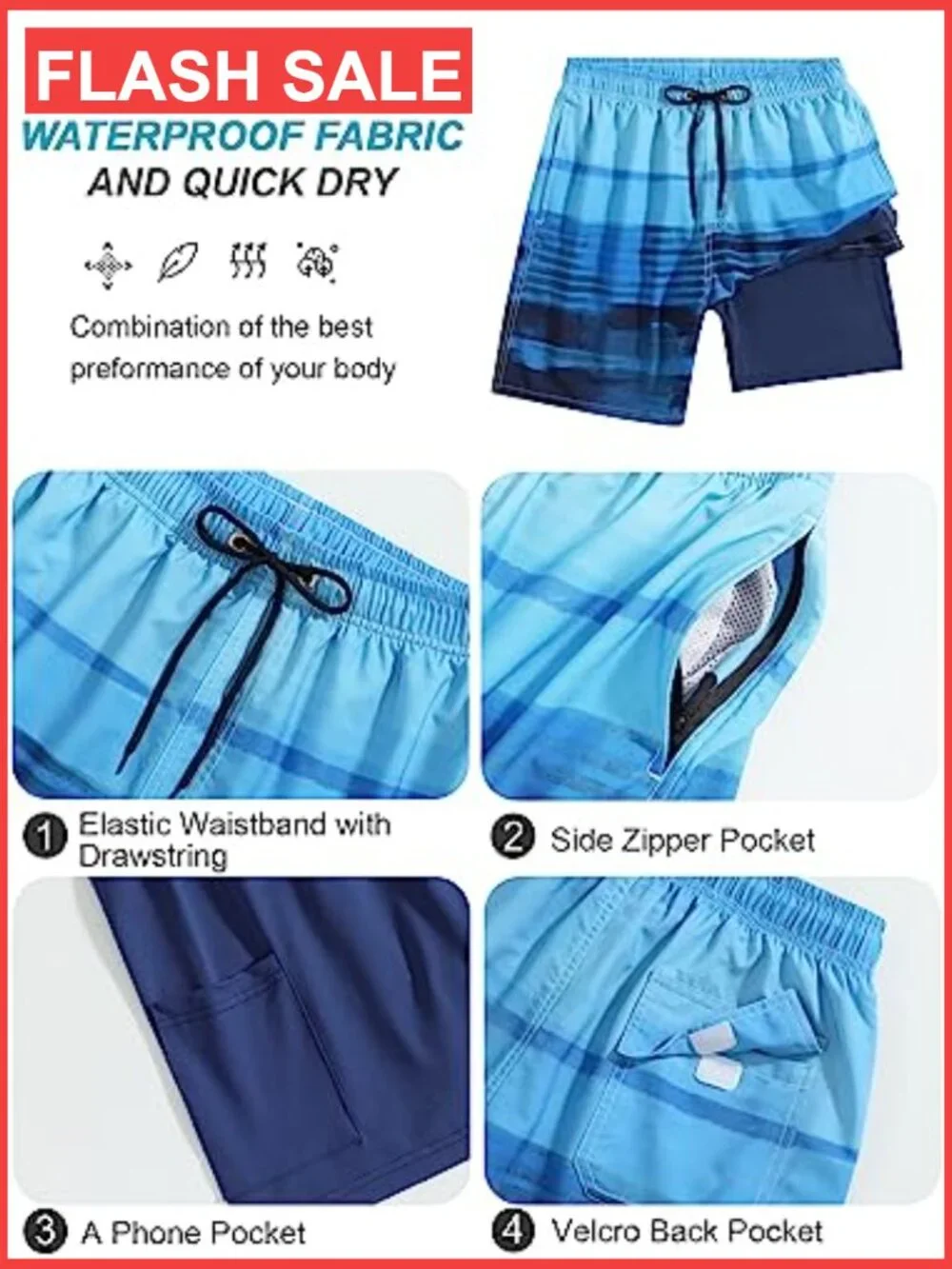 Men's Swim Trunks Quick Dry Compression Liner 2 in 1 Shorts Swimsuit UPF 30